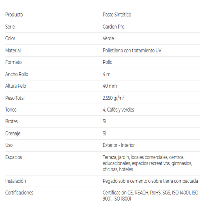 Pasto Sintético Pro Premium 40mm 2550grs/m2